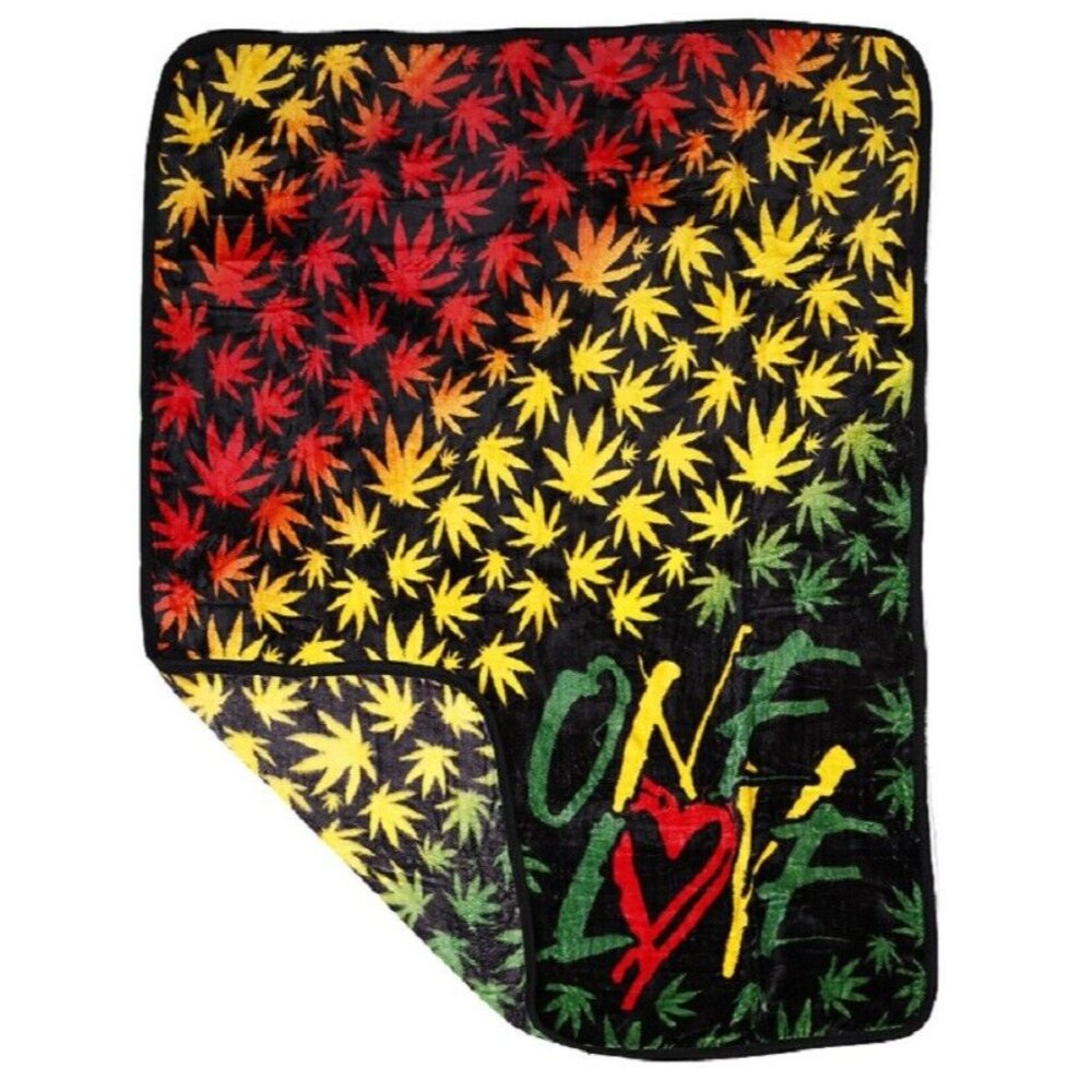 New One Love Rasta Pot Leaf Plush Fleece Throw Gift Blanket Weed Smoke Marijuana - Picture 2 of 4